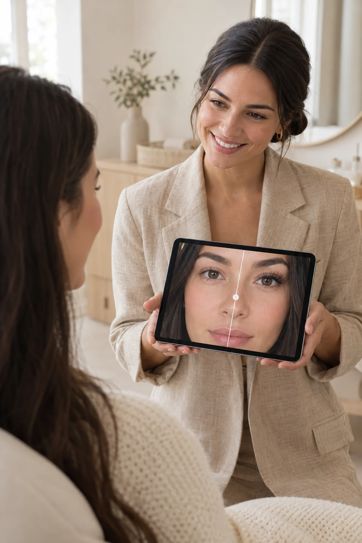 Una lashmaker mostra alla cliente, sull’iPad, come starà con le ciglia nuove: la cliente è in primo piano, di spalle